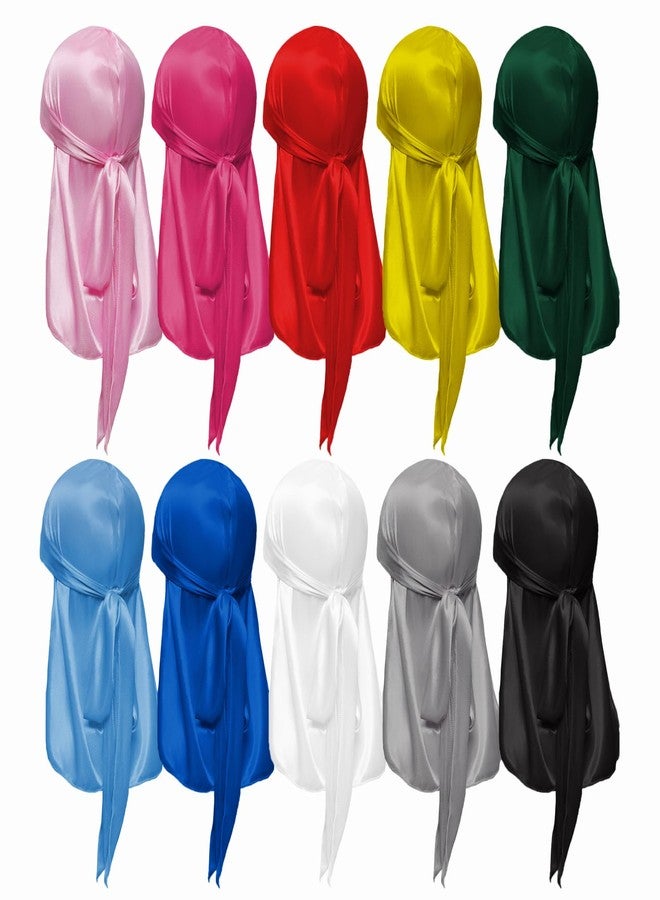 Hftjtsa 10 Pcs Silk Durags Long Tail Durag Wave Headwraps Wide Straps Satin Doo Rag Men Women 10 Colors - Image 1